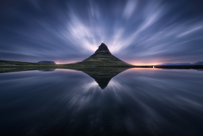 Kirkjufell mountain reflected in water, Iceland
