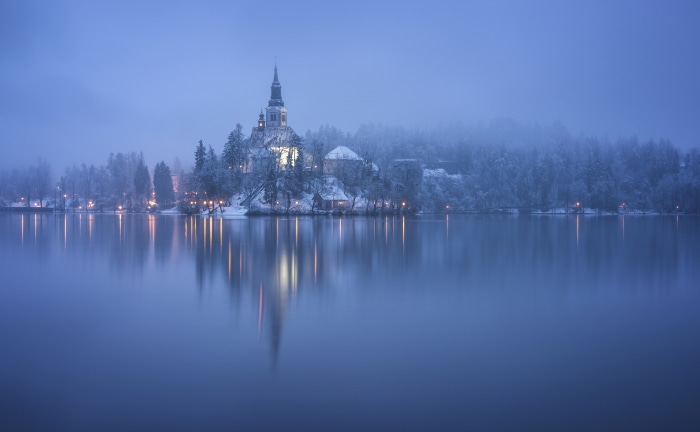Assumption of Mary Church on Lake Bled in Winter 4K
