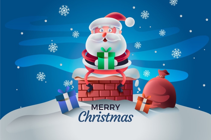 Santa Claus sitting on a chimney with gifts
