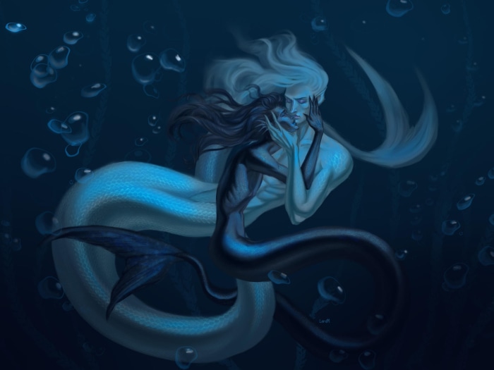 Fantasy Mermen and Mermaids in Love Underwater