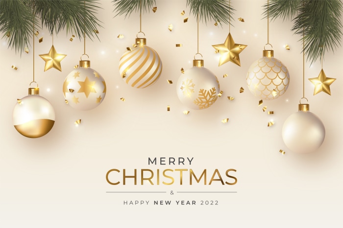 Merry Christmas and Happy New Year 2022 Golden Baubles