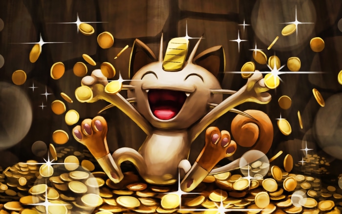 Meowth from Pokémon sitting in a pile of gold coins