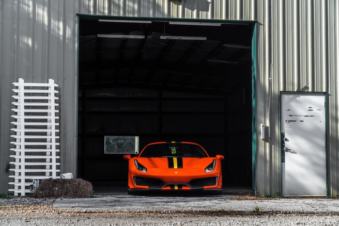 Orange Ferrari 488 Pista Supercar in Garage