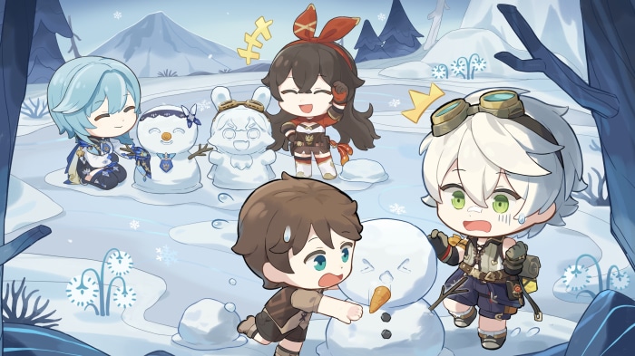 Genshin Impact characters building snowmen in winter