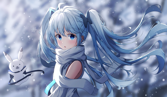 Hatsune Miku with a Snow Creature in Snow