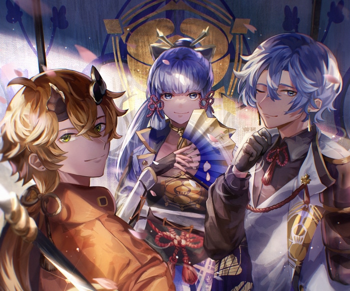 Thoma, Kamisato Ayaka, and Kamisato Ayato from Genshin Impact
