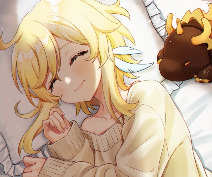 Lumine from Genshin Impact sleeping with a small creature
