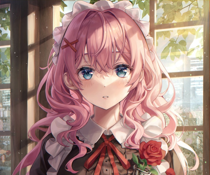 Anime girl with pink hair and blue eyes holding a rose
