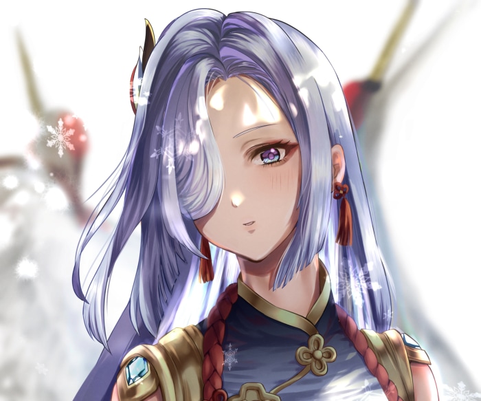 Shenhe from Genshin Impact with snowflakes