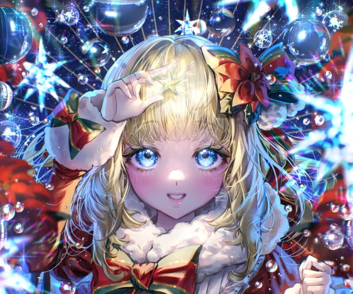 Girl with Christmas decorations and lights