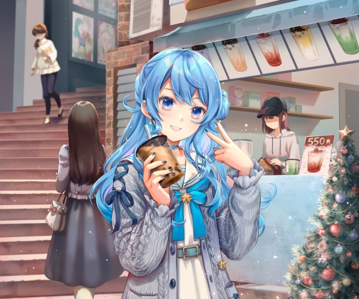 Hoshimachi Suisei from Hololive holding a bubble tea
