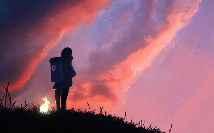 Girl with backpack and glowing rabbit watching the sky