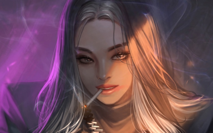 Fantasy woman smoking cigarette with purple and orange lighting
