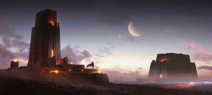 Fantasy temple with moons and city