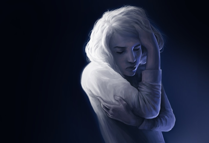 Woman with white hair in dark blue lighting