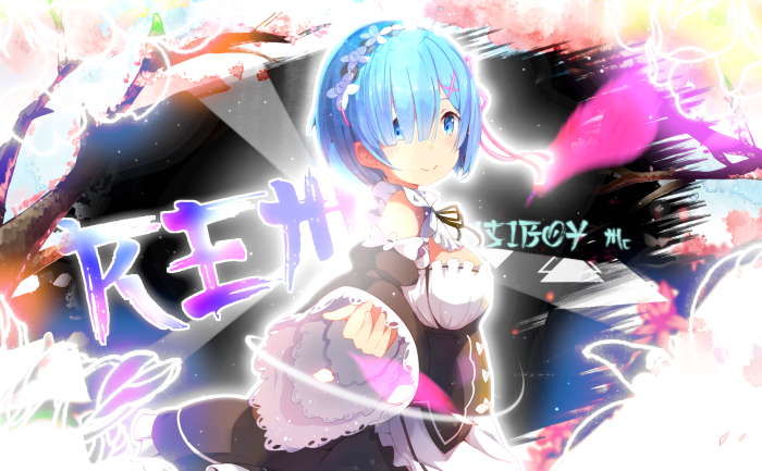 Rem from Re:ZERO with Japanese text and cherry blossoms