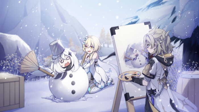 Albedo and Lumine from Genshin Impact painting a snowman