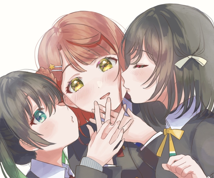 Yu Takasaki, Ayumu Uehara, and Shioriko Mifune from Love Live! Nijigasaki High School Idol Club