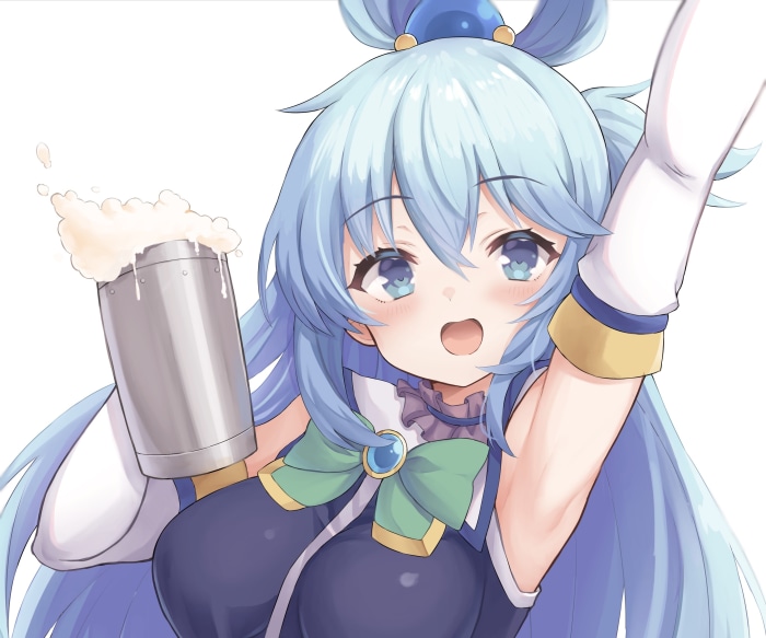 Aqua from KonoSuba holding a beer mug