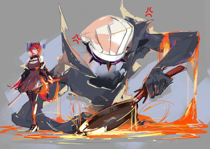 Surtr from Arknights cooking with a giant robot