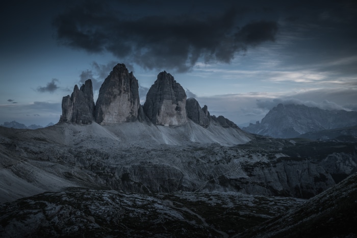 Tre Cime Di Lavaredo mountains at dusk