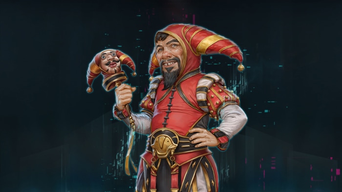 Jester holding a jester puppet from Gamedec