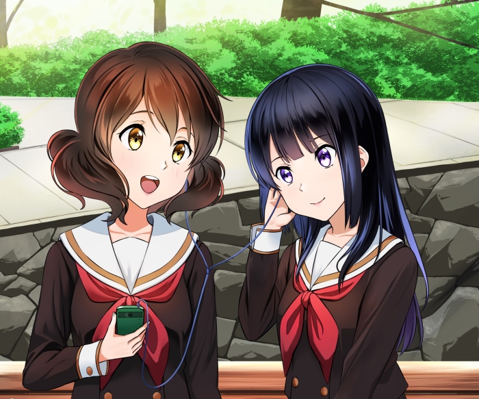 Kumiko Oumae and Reina Kousaka sharing earbuds
