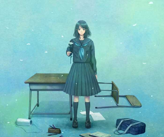 Girl in School Uniform Holding a White Flower