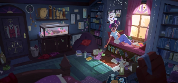 Sci-Twi and Spike from My Little Pony in a Bedroom