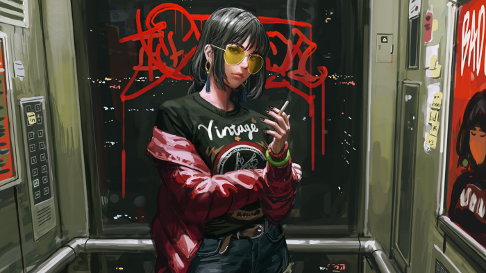 Girl smoking in an elevator