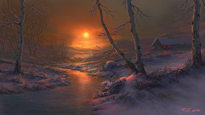 Winter sunset over a snowy landscape with a river and cabin