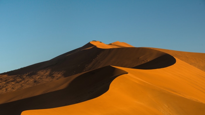 Namib Desert dunes under a clear blue sky