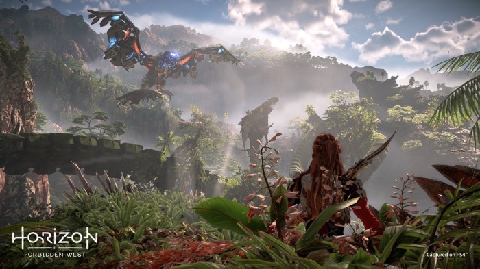 Aloy from Horizon Forbidden West in a jungle