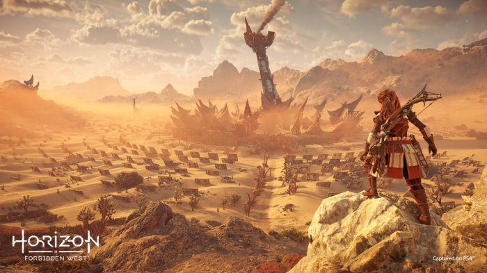 Aloy from Horizon Forbidden West in a desert landscape