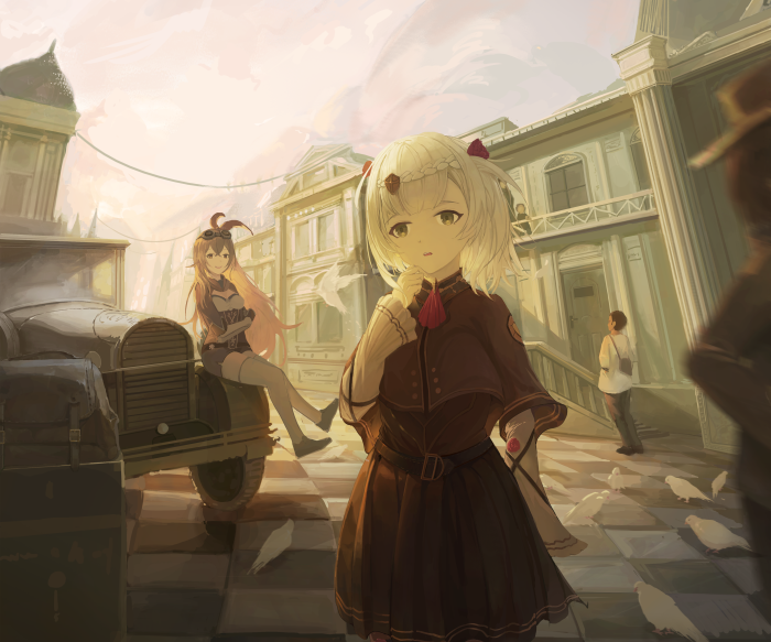 Amber and Noelle from Genshin Impact in a city