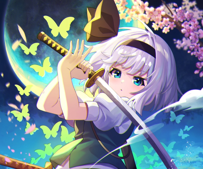 Youmu Konpaku from Touhou with a sword and butterflies