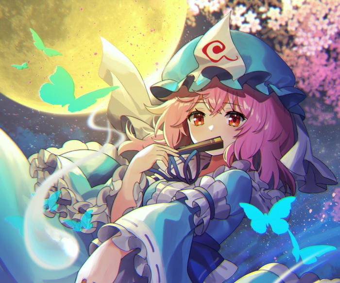 Yuyuko Saigyouji from Touhou playing a flute