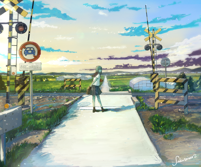 Girl at a railroad crossing at sunset