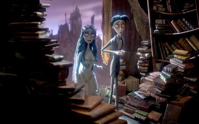 Emily and Victor Van Dort from Corpse Bride surrounded by books