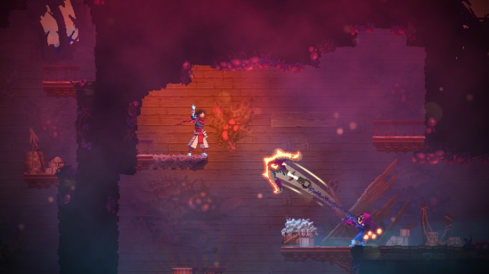 Dead Cells character fighting with a flaming weapon
