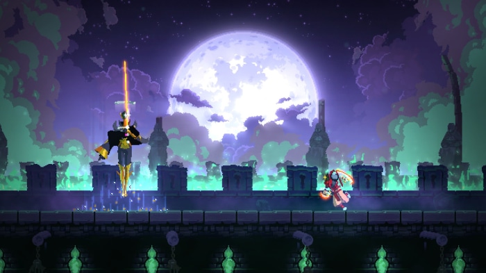 Dead Cells: The Beheaded and a Knight fight under a large moon