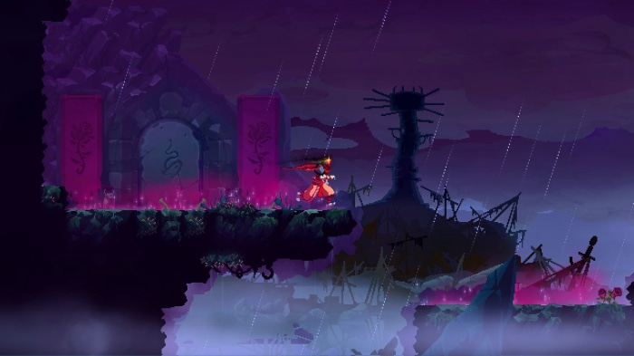 Dead Cells character running through a ruined landscape