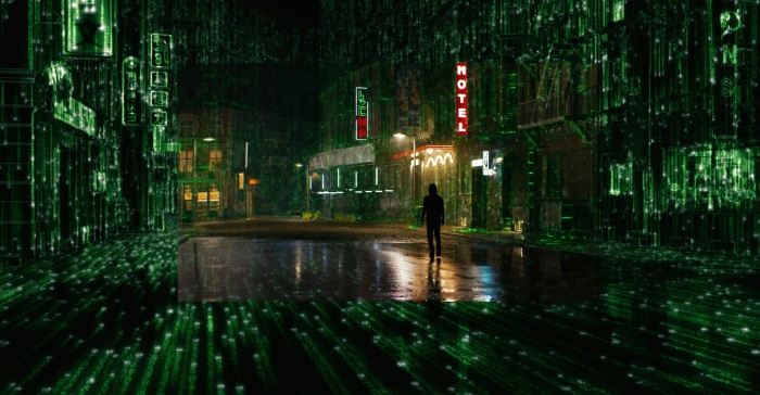 Neo from The Matrix Revolutions in a digital city