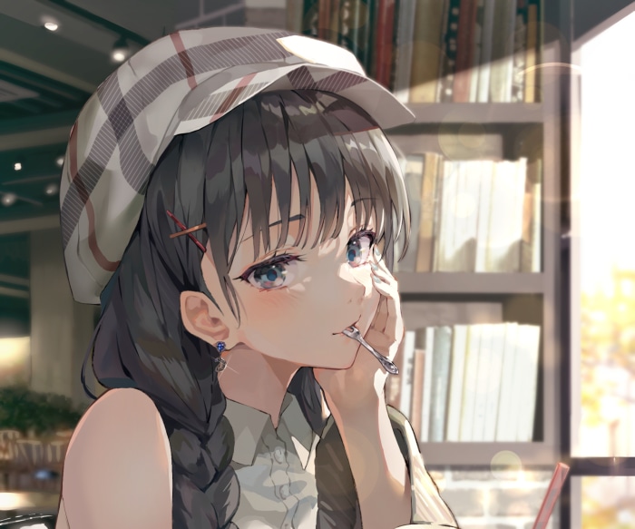 Anime girl with braided hair wearing a hat