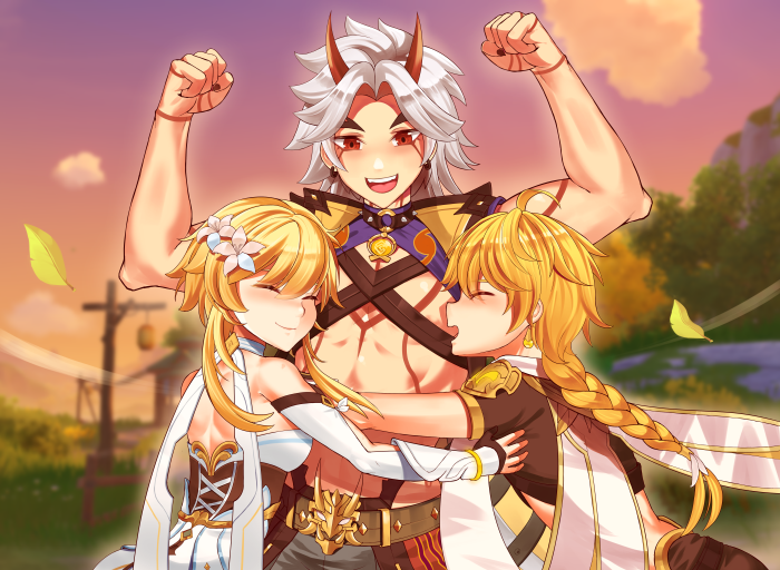 Arataki Itto hugging Lumine and Aether from Genshin Impact