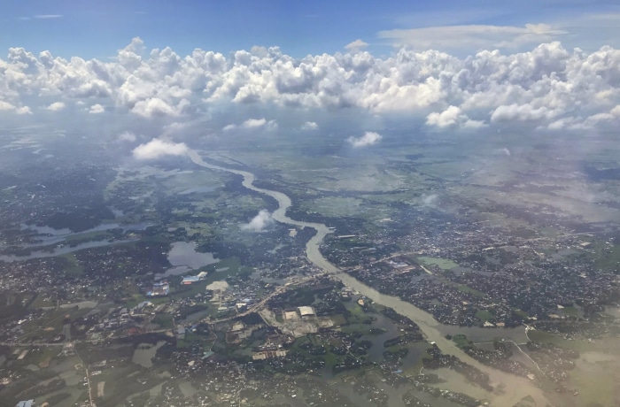 Aerial view of a winding river in Bangladesh