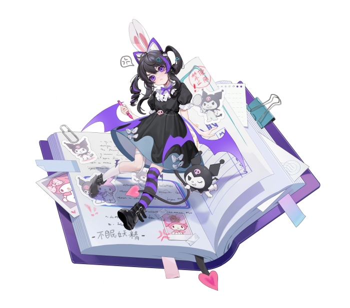 Kuromi from Onegai My Melody sitting on a notebook