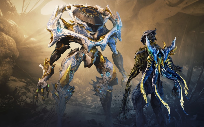 Warframe characters in a desolate environment