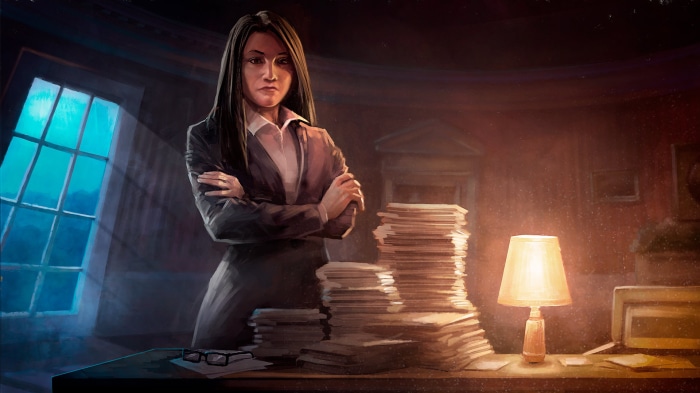 Woman in suit with arms crossed in office
