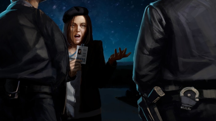 Reporter showing press pass to police officers